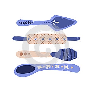 Ceramic utensils set. Kitchen ceramics in rustic country style. Handmade tableware, ware for cooking, spatula, roller