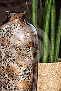 Ceramic vase with artistic pattern and potted plant