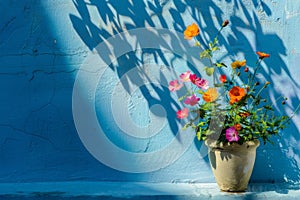 Ceramic vase with a bouquet of flowers against a background of a blue wall in the rays of the sun, shadow from a tree