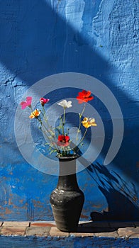 Ceramic vase with a bouquet of flowers against a background of a blue wall in the rays of the sun, shadow from a tree