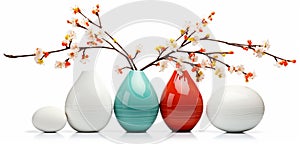 Ceramic vase and spring twigs with Easter eggs isolated on white or transparent
