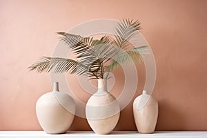 ceramic vase sunlight beige shadows concrete interior decor design home wall. Generative AI.