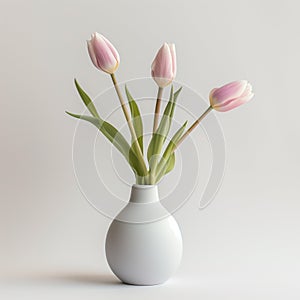 Ceramic vase with three delicate pink tulips White background
