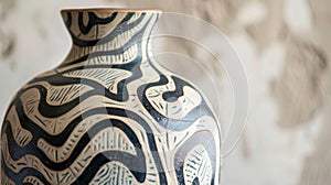 A ceramic vase with a twotone underglaze design featuring intricate lines and shapes that create a sense of movement and