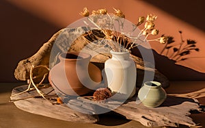 Ceramic vases on display, featuring three distinct pieces.