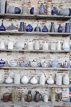 Ceramic  Vases on the  Vintage Wood Shelf