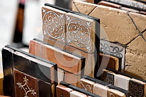 Ceramic vintage tiles collection close-up