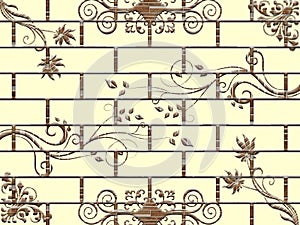 Ceramic wall tile design, bricks pattern with brown flowers on a light background, Elegant seamless pattern with classic design