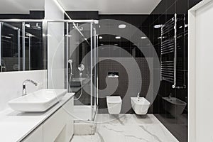 spacious restroom with washbowl, shower cabin and bide photo