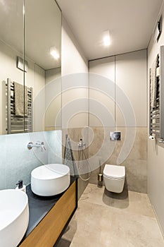 Ceramic washbasins and toilet in a modern, fancy bathroom interi