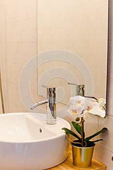 Ceramic Water tap sink with faucet withdecorative flower in expensive loft bathroom or kitchen