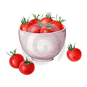 Ceramic white bowl and cherry tomatoes. Watercolor illustration isolated on white for clip art, menu, label, package