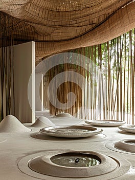 Ceramics exhibition in a bamboo-decorated amphitheater, desert winds stirring as a cyclone approaches, tablet interactive displays