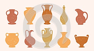 Ceramics vase silhouettes. Different old pottery, decorative vessels, clay pitchers, decor jug. Creative vases shapes in