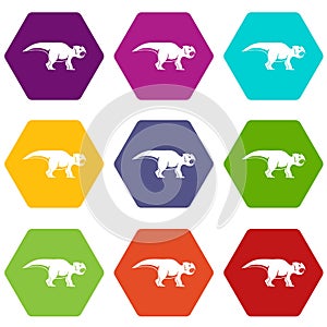 Ceratopsians dinosaur icon set color hexahedron
