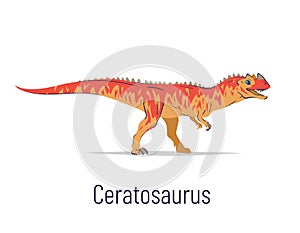 Ceratosaurus. Theropoda dinosaur. Colorful vector illustration of prehistoric creature ceratosaurus in hand drawn flat