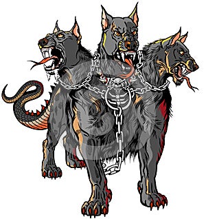 Cerberus hound of Hades with chain on his neck