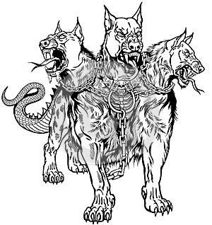 Cerberus hound of Hades with chain on his neck. Black and white photo