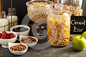 Cereal bar or buffet wih cornflakes, fruit and nuts