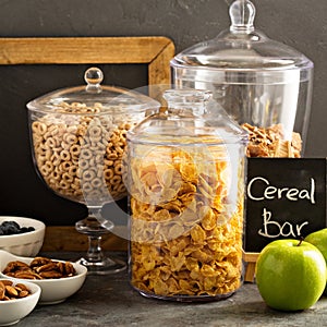 Cereal bar or buffet wih cornflakes, fruit and nuts
