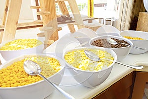 Cereal in big bowls for self service dry quick breakfast food in hotel restaurant selection on white table against window. buffet