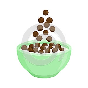 Cereal bowl milk breakfast, chocolate cornflakes icon, oatmeal food, granola plate, kids muesli, healthy eating. Cute vector