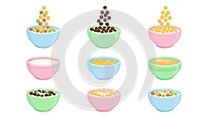 Cereal bowl milk breakfast, porridge and oatmeal food, cornflakes icon, fruit and chocolate granola plate, kids muesli, healthy