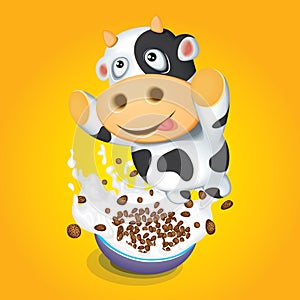 Cereal Bowl with Splash Milk and Cartoon Cow