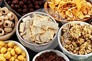 Cereal. Bowls of various cereals for breakfast. Muesli with kids cereals