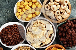 Cereal. Bowls of various cereals for breakfast. Muesli with kids cereals