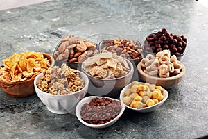 Cereal. Bowls of various cereals for breakfast. Muesli with kids cereals