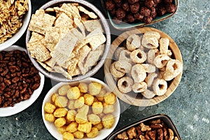 Cereal. Bowls of various cereals for breakfast. Muesli with kids cereals