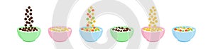 Cereal breakfast bowl vector icon, cornflakes with milk set. Cartoon food illustration