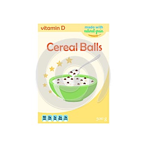 Cereal chocolate balls in box. Milk, oatmeal breakfast. Flat style.