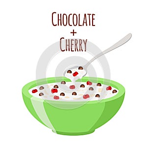 Cereal chocolate balls with cherry. Milk, oatmeal breakfast. Flat style.