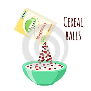 Cereal chocolate balls with cherry. Milk, oatmeal breakfast. Flat style.