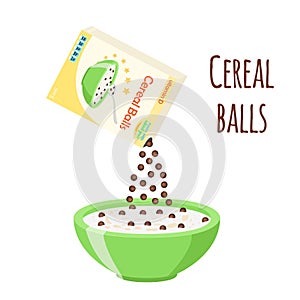 Cereal chocolate balls. Milk and oatmeal breakfast. Flat style.