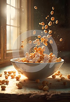 Cereal falling into a bowl on a kitchen table before breakfast. Generative AI