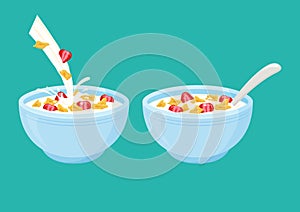 Cereal flake milk breakfast. Bowl rolled oats with strawberry. Vector