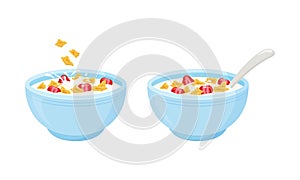 Cereal flake milk breakfast. Rolled oats bowl with strawberry. Oatmeal breakfast cup. Vector