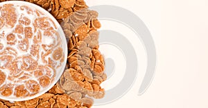 Cereal flakes drenched in milk in a plate, close-up view from above. Healthy delicious dairy breakfasts for children and