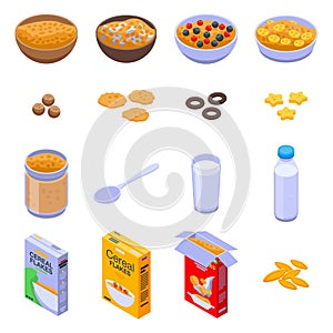 Cereal flakes icons set, isometric style