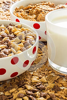 Cereal flakes with milk for breakfast.