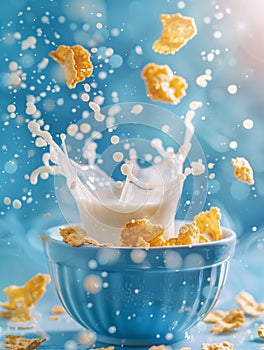 Cereal flakes splashing in a milk bowl for breakfast time