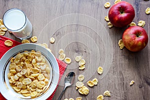 Cereal and fruit for Breakfast on the table. Delicious food at h