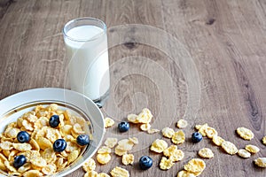 Cereal and fruit for Breakfast on the table. Delicious food at h