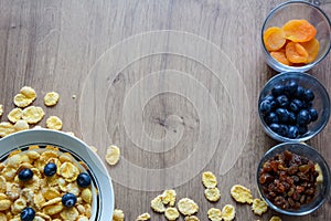 Cereal and fruit for Breakfast on the table. Delicious food at h