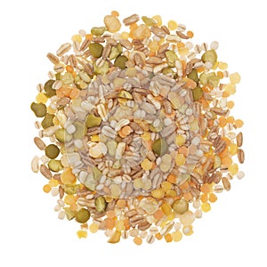 Cereal grains and beans, pulses mix. Heap, isolated on white background.