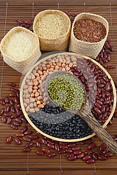 Cereal grains and Seeds beans useful for health in wood spoons on white background.