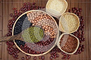 Cereal grains and Seeds beans useful for health in wood spoons on white background.